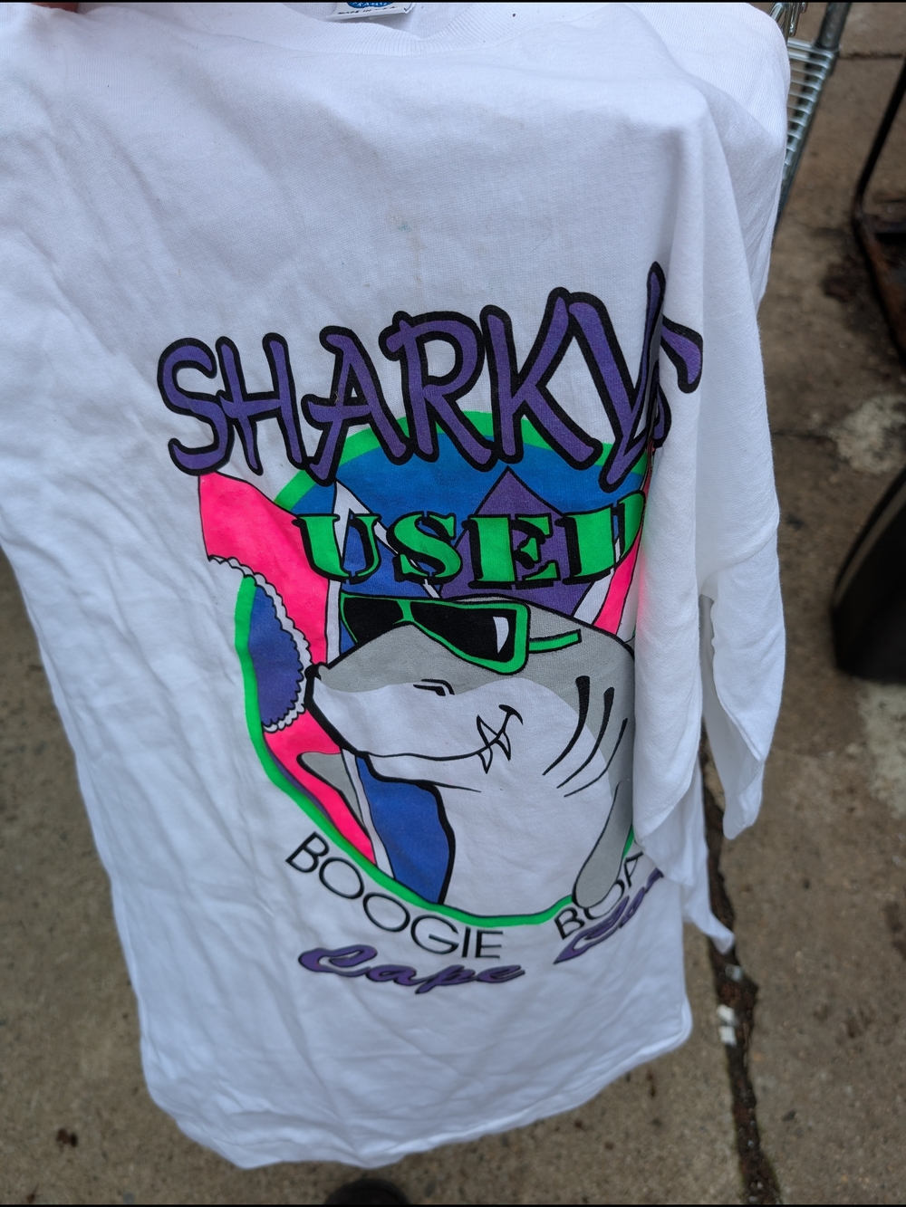 80s Vuarnet France White Long Sleeve Graphic Tee with Multicolor Shark Design